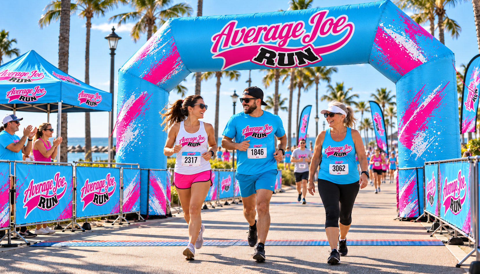 Average Joe Run campaign concept: Runners and a walker finishing beneath an AJR arch on a palm-lined seaside promenade.