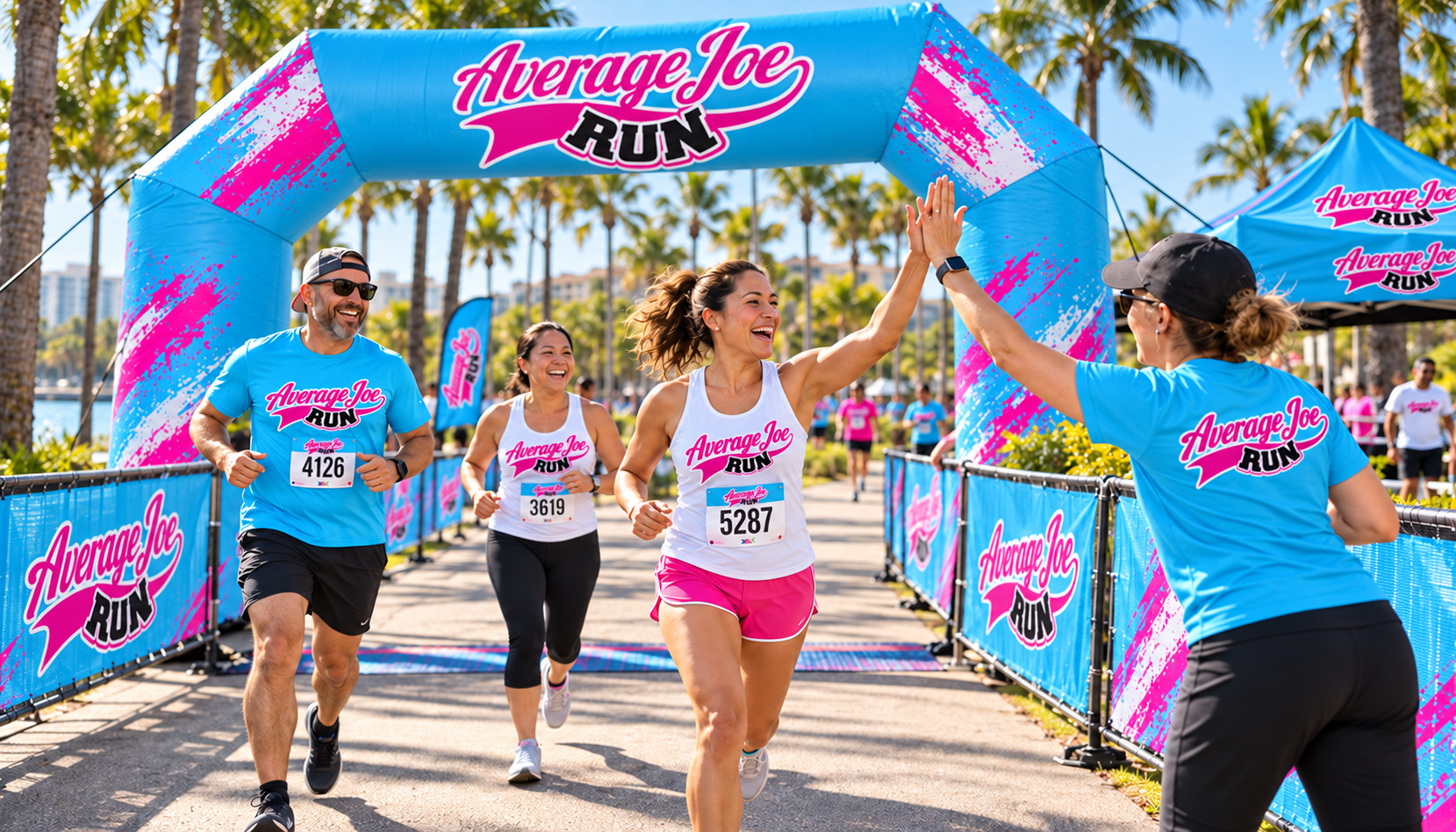 Average Joe Run campaign concept: An AJR finisher and volunteer sharing a high-five beside a branded finish arch in a tropical park.