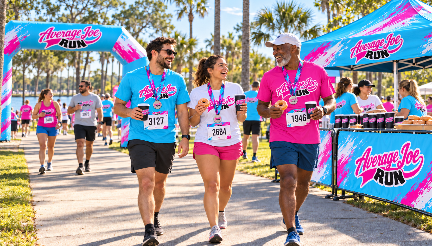 Average Joe Run campaign concept: Friends wearing finisher medals, laughing and enjoying donuts and coffee near an AJR refreshment tent.