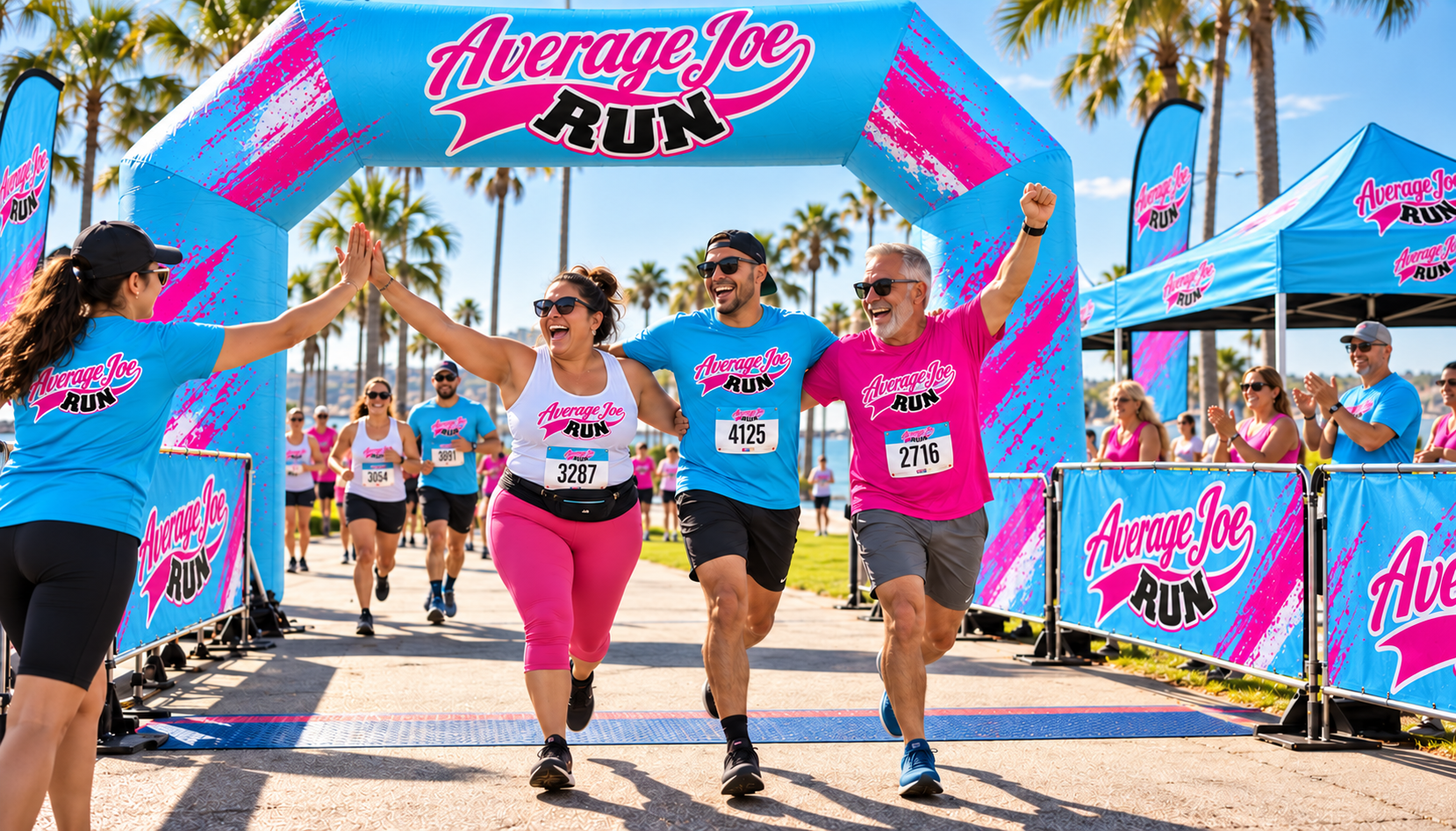 Average Joe Run campaign concept: Runners crossing an AJR finish arch in a palm-lined waterfront park, with a volunteer ready for a high-five.