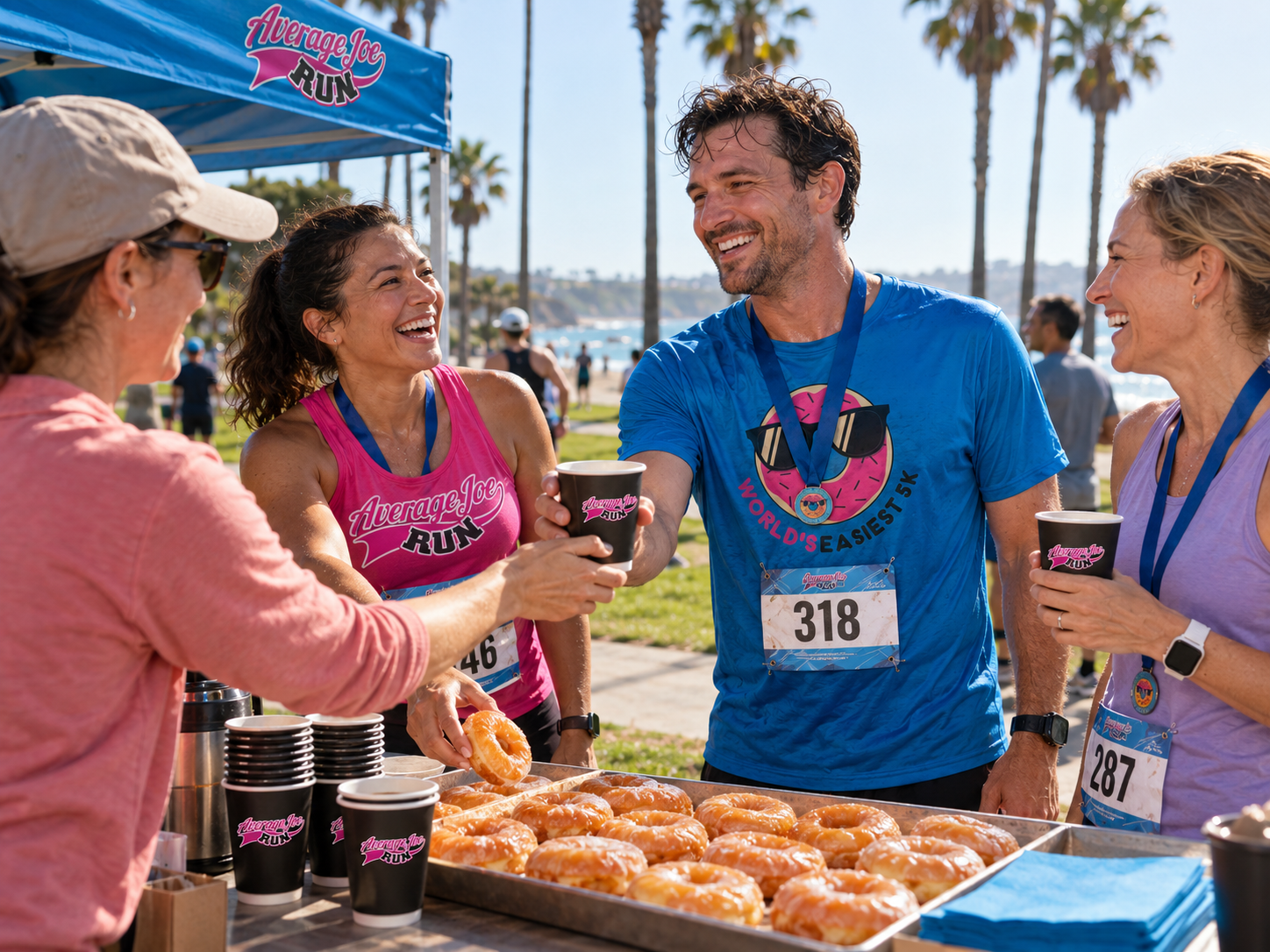Average Joe Run campaign concept of runners in blue, pink, and lavender shirts sharing fresh glazed donuts and coffee at the finish-line counter