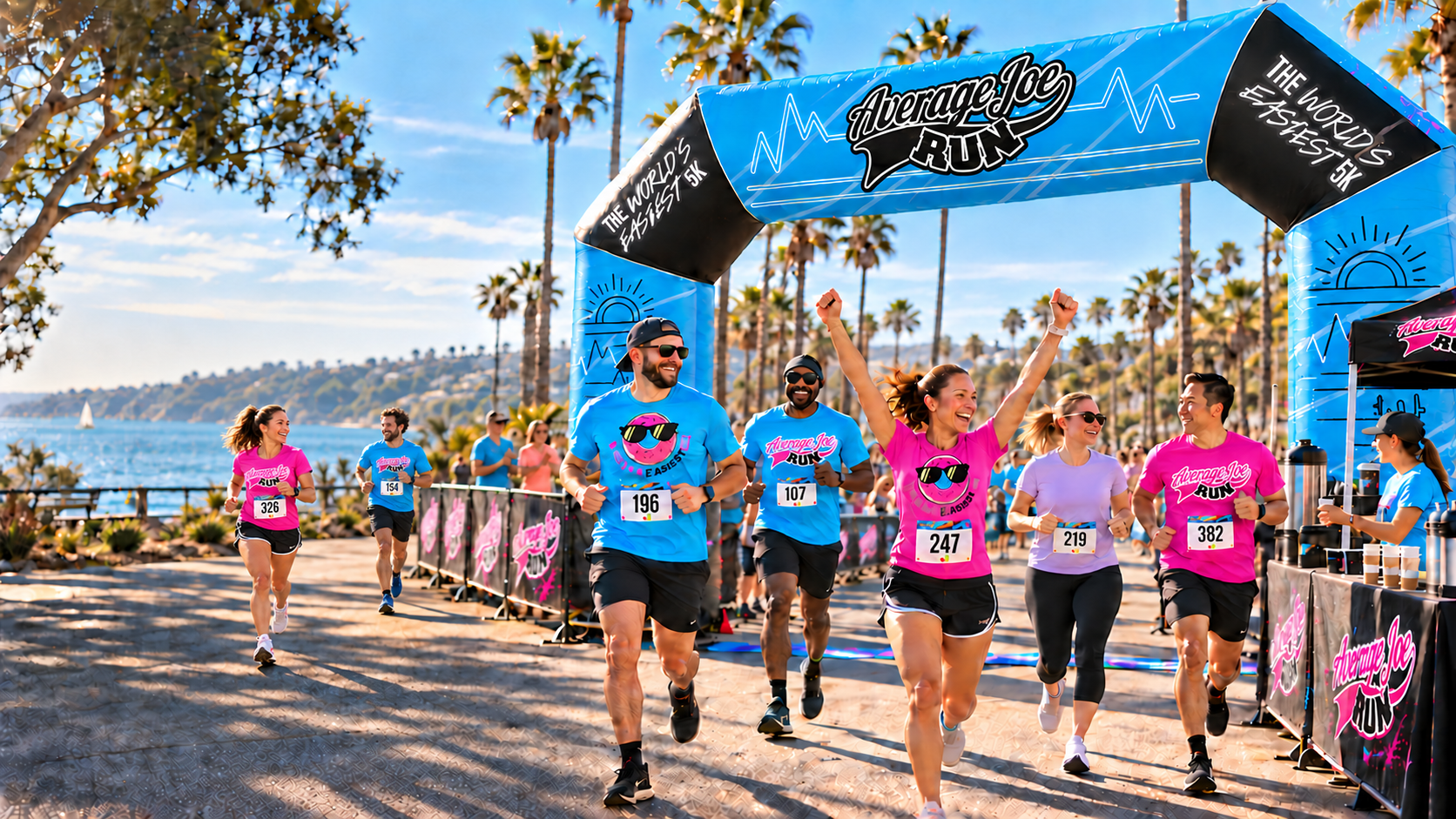 Average Joe Run campaign concept with a foreground finish-line group and two runners following at different distances on the left, in mostly blue and pink shirts beside the branded AJR arch and coffee tent