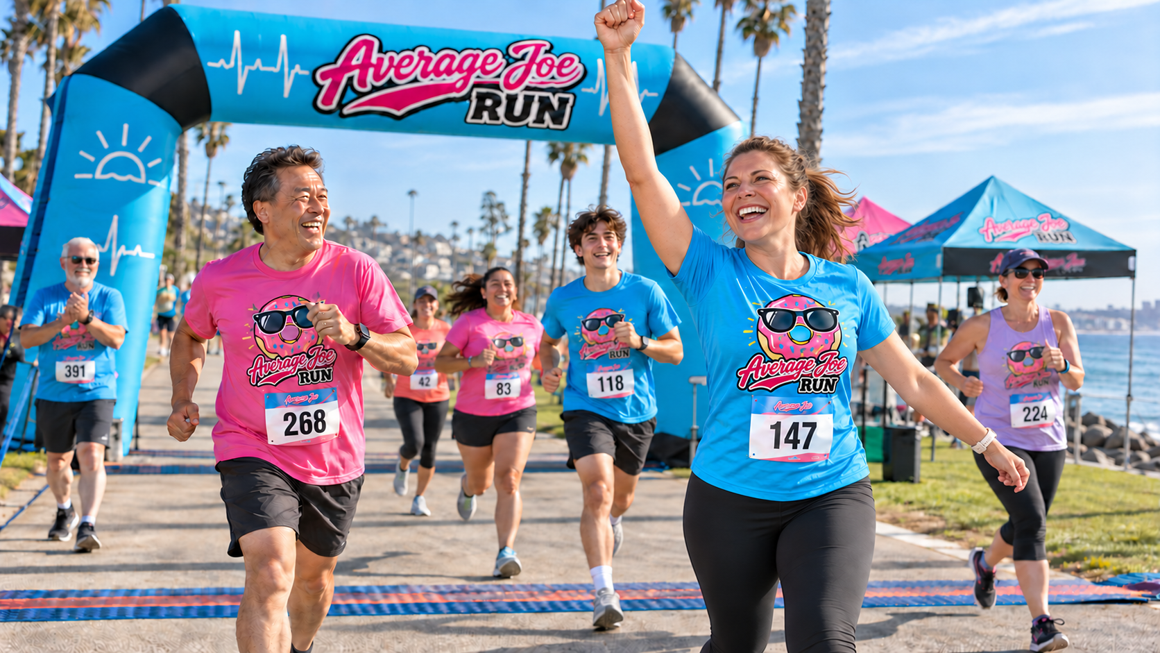 Average Joe Run campaign concept: runners celebrating beneath the branded blue finish arch, led by a woman in a blue AJR shirt raising her arm as friends approach behind her.
